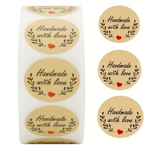 NEW 500pcs/roll Handmade With Love Stickers - Light Brown Kraft Stickers - Picture 1 of 5